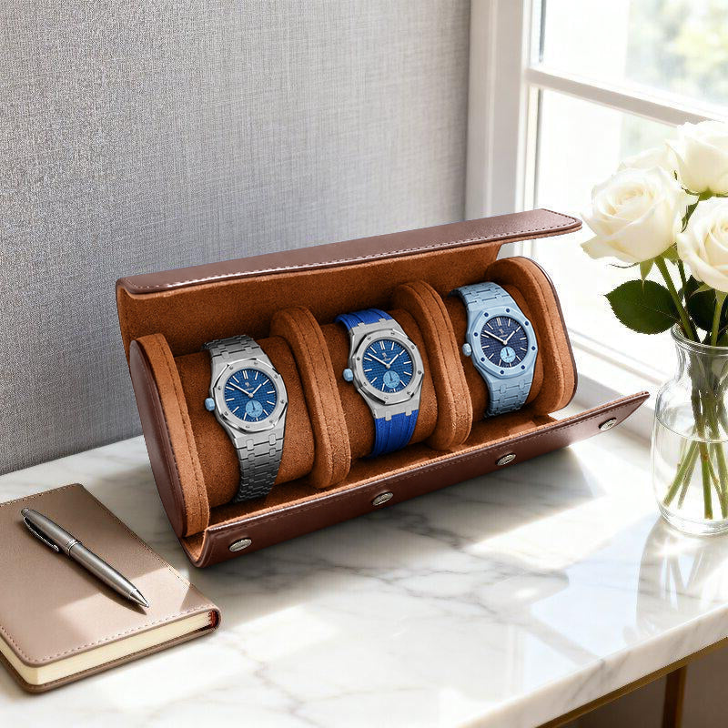 Beaumont 3-Watch Roll Case | Chestnut Brown