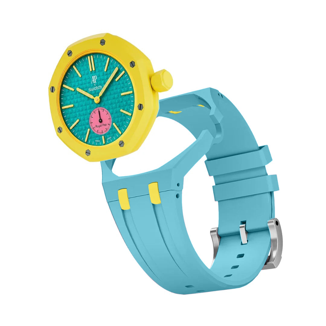 Ceramic Case + Silicone Strap | 3:00 Crown | Yellow & Aqua