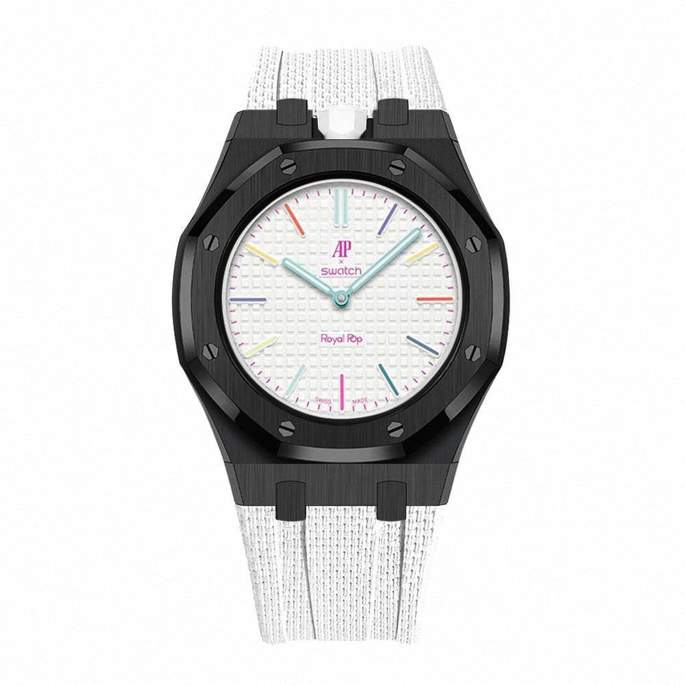 Stainless Steel Black Case & Rubber Strap | 12:00 Crown | White