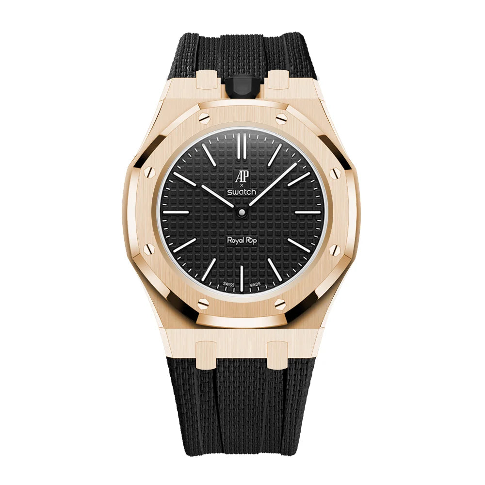 Stainless Steel Rose Gold Case & Rubber Strap | 12:00 Crown | Black