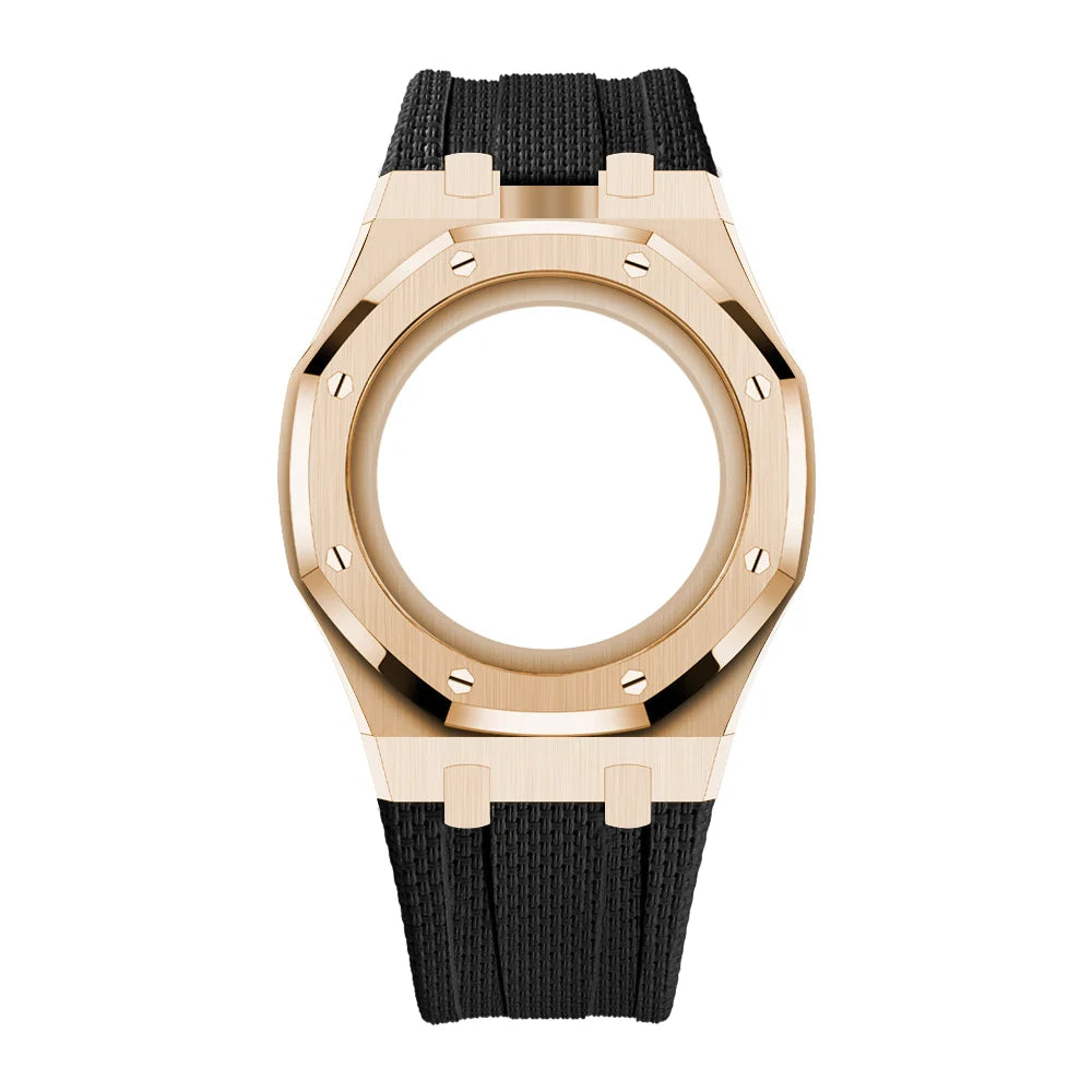 Stainless Steel Rose Gold Case & Rubber Strap | 12:00 Crown | Black