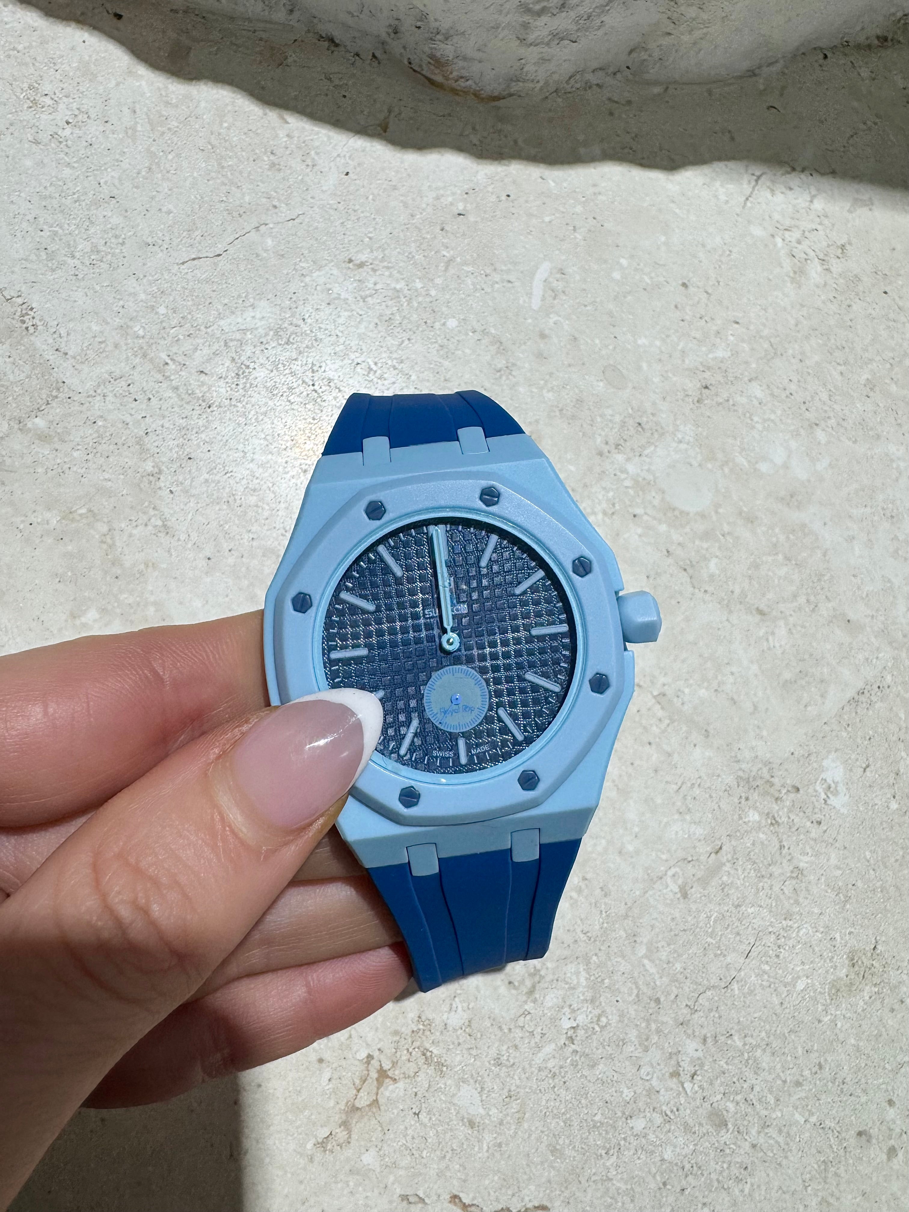 Ceramic Case + Silicone Strap | 3:00 Crown | Sky Blue & Denim Blue