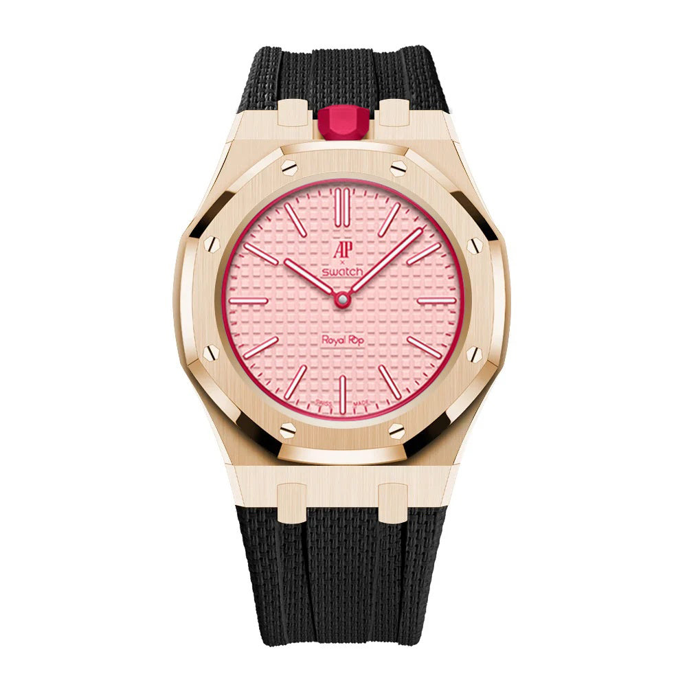 Stainless Steel Rose Gold Case & Rubber Strap | 12:00 Crown | Black