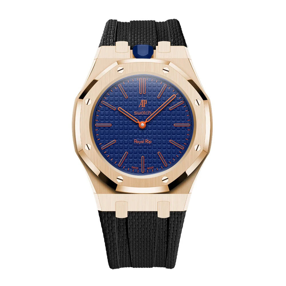 Stainless Steel Rose Gold Case & Rubber Strap | 12:00 Crown | Black