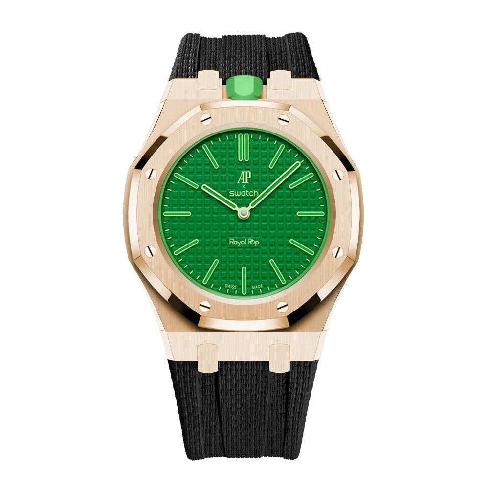 Stainless Steel Rose Gold Case & Rubber Strap | 12:00 Crown | Black