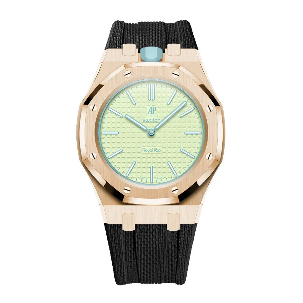 Stainless Steel Rose Gold Case & Rubber Strap | 12:00 Crown | Black