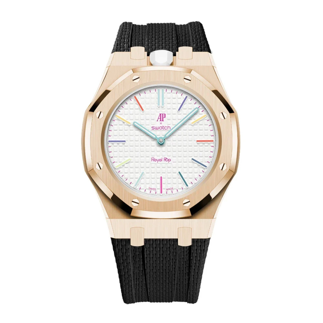 Stainless Steel Rose Gold Case & Rubber Strap | 12:00 Crown | Black